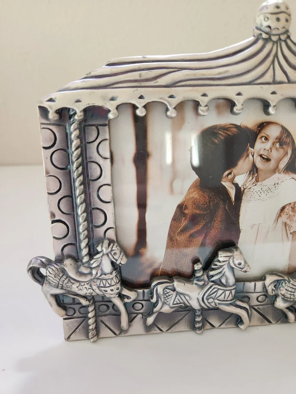 Vintage Carousel Horse Picture Frame Silver Tone Nursery Decor 3.5x5